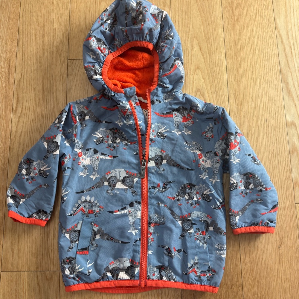 Hatley Blue Dinosaur Hooded Jacket with Orange Lining